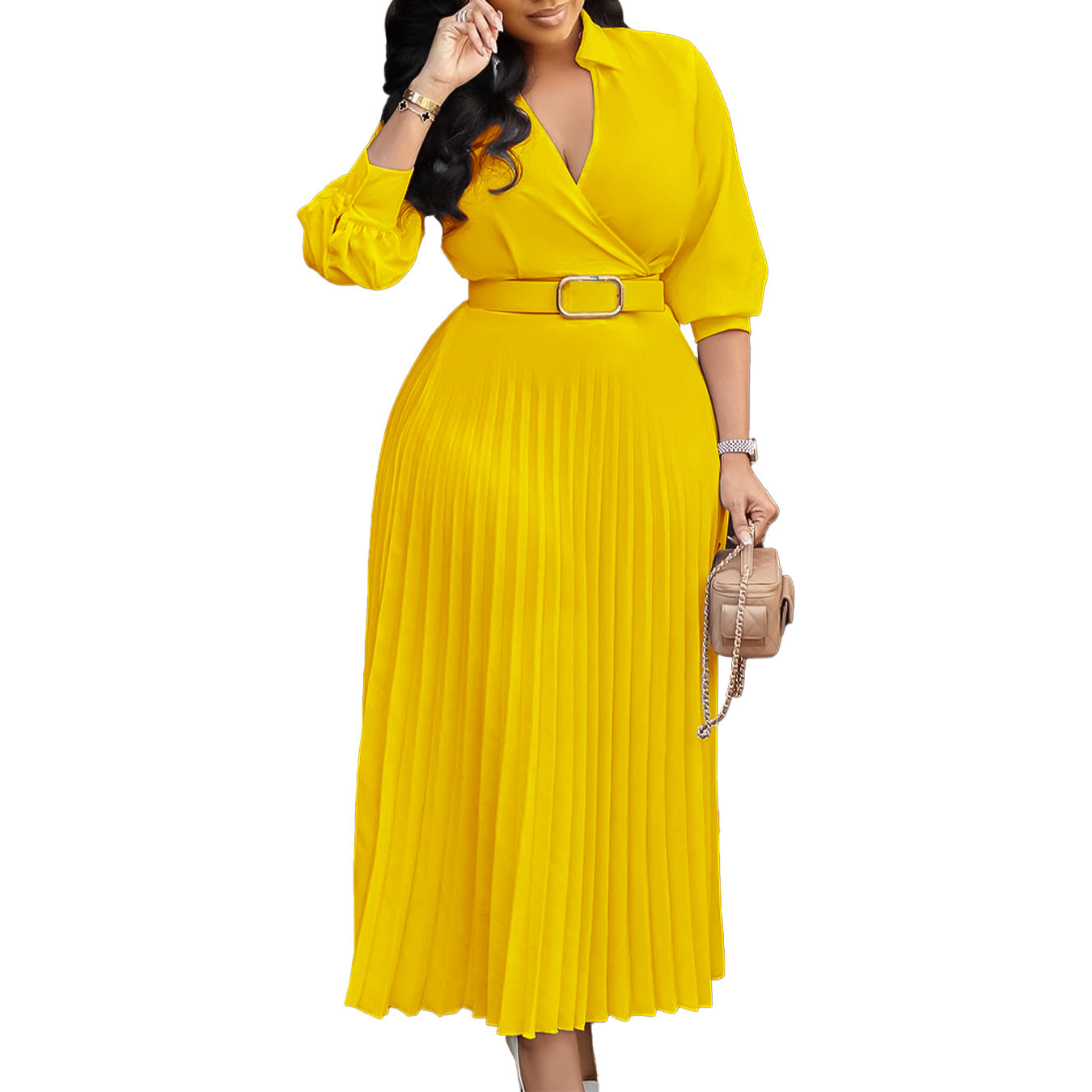 Damen Plissiertes Hemdblusenkleid mit Taillengürtel und langen Ärmeln Stalluxe