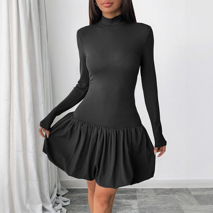 Damen figurbetontes Kleid mit Stehkragen und voluminösem Rock Stalluxe