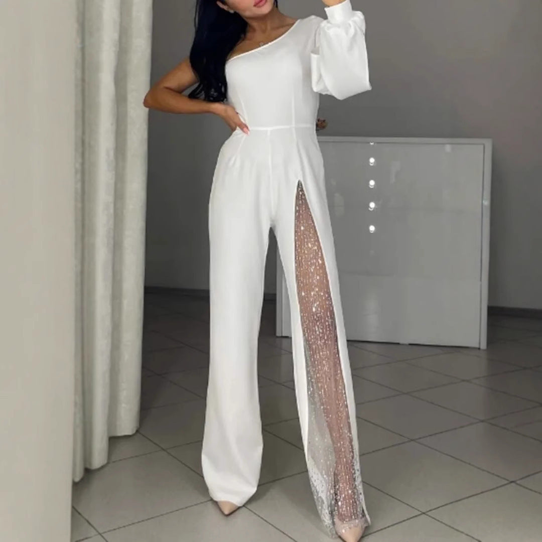 Women's Asymmetrical One-Shoulder Jumpsuit with Sequined Panel Stalluxe
