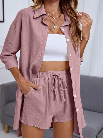 Damen lässiges Set aus coolen Shorts und langer Bluse mit Taschen Stalluxe