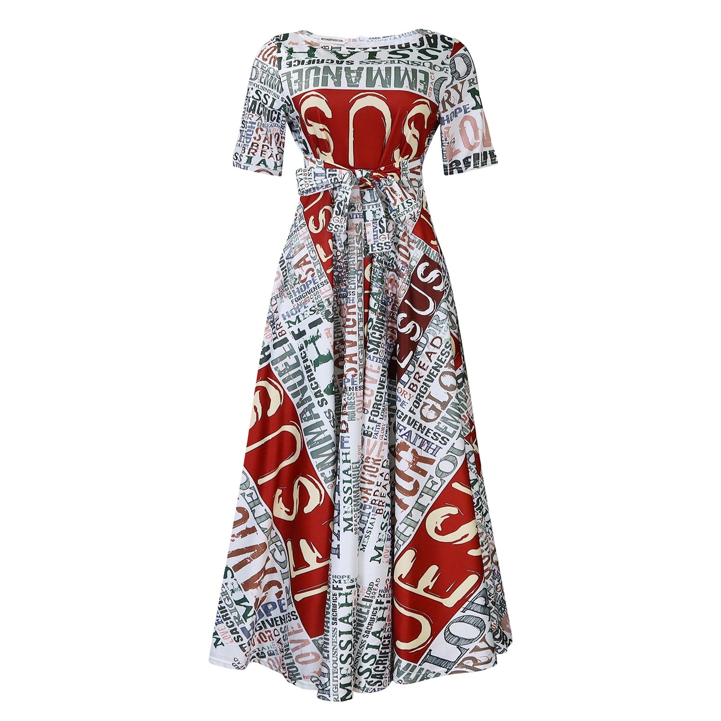 Damen Maxikleid mit modischem Grafikdruck und tailliertem Gürtel Stalluxe