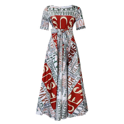 Damen Maxikleid mit modischem Grafikdruck und tailliertem Gürtel Stalluxe
