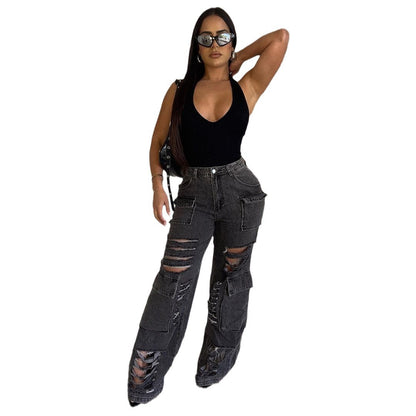Damen Cargo-Jeans mit ausgefransten Rissdetails und praktischen Taschen Stalluxe