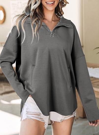 Damen lässiger Oversized Pullover mit halben Reißverschluss und Seitentaschen Stalluxe