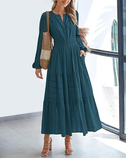 Damen Maxikleid mit eleganten Ärmeln und raffiniertem Taillengummi Stalluxe