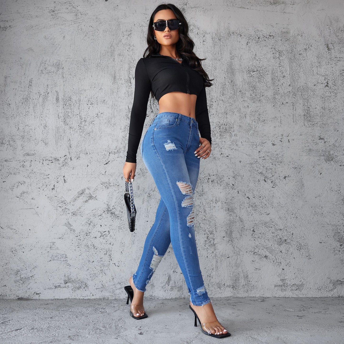 Damen Skinny Jeans im trendigen Destroyed-Design mit hoher Taille Stalluxe