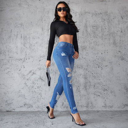 Damen Skinny Jeans im trendigen Destroyed-Design mit hoher Taille Stalluxe