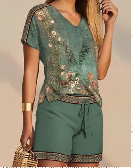 Damen Freizeitoberteil mit floralem Print und passender Shorts Stalluxe