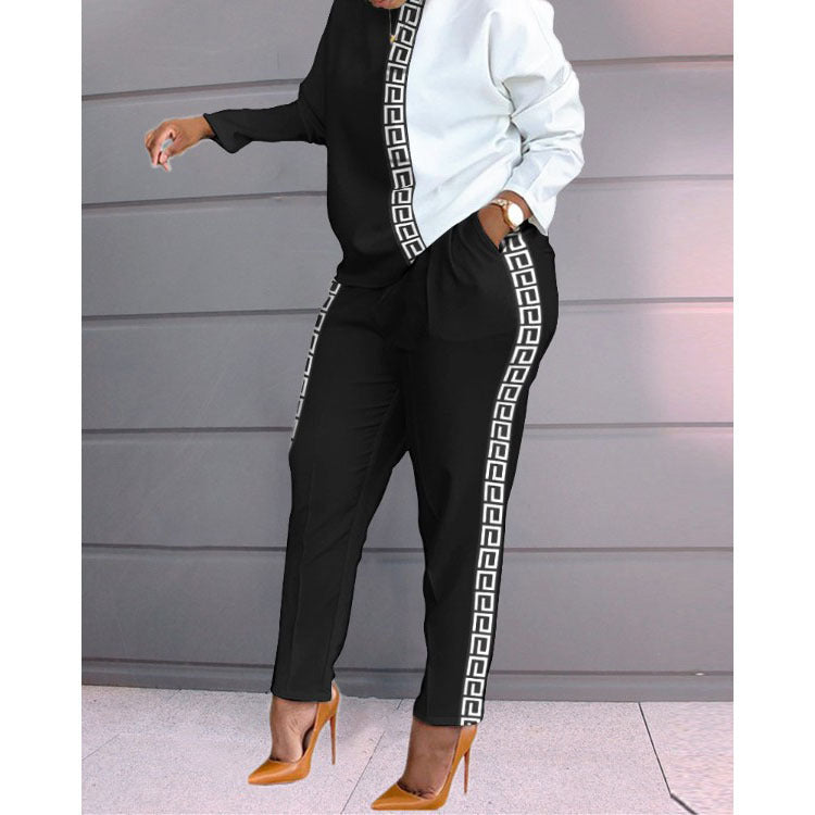 Damen Lässiges Sportanzug-Set mit Kontrastdesign und elastischer Taille Stalluxe