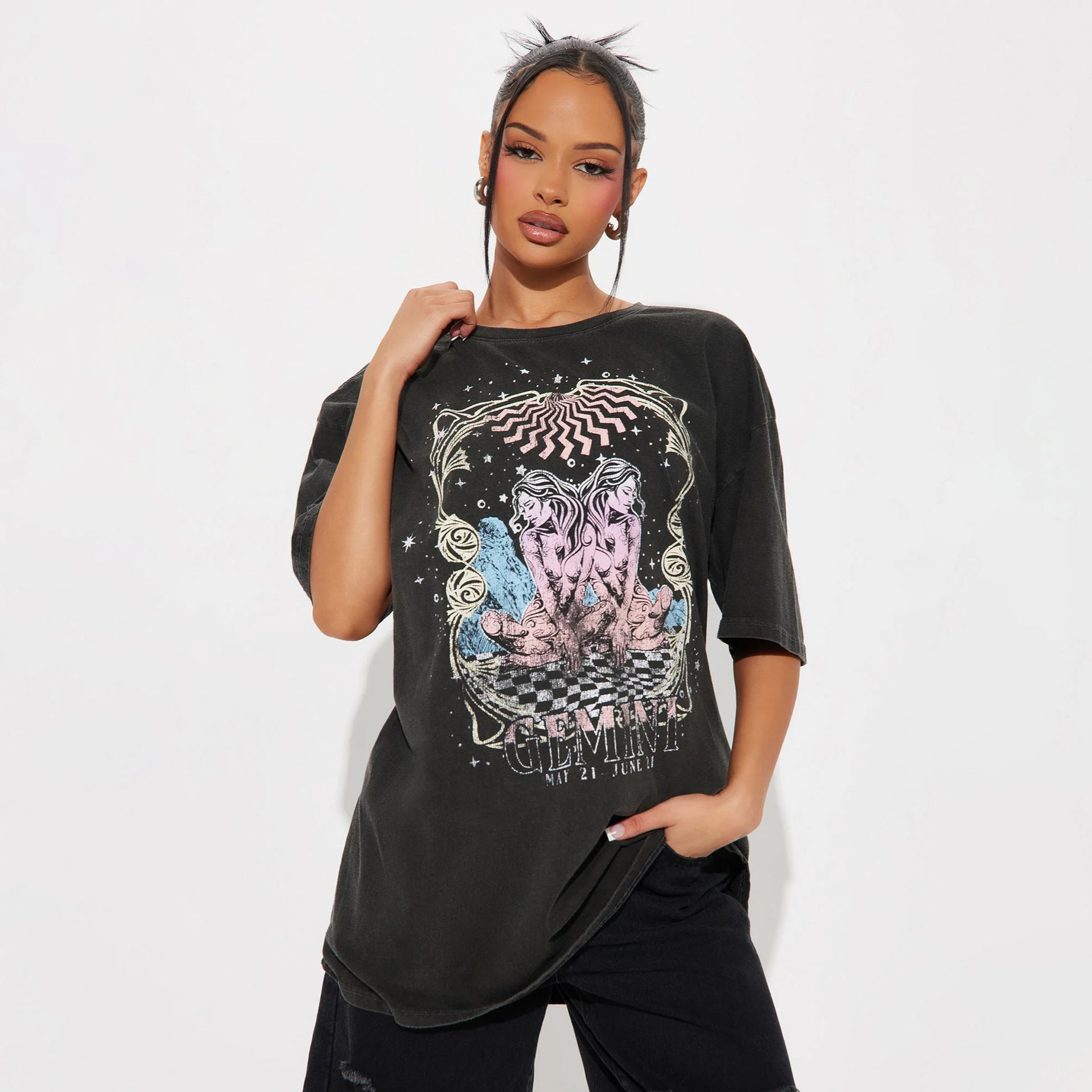 Damen Oversized T-Shirt mit kreativem GrafiKmotiv Stalluxe