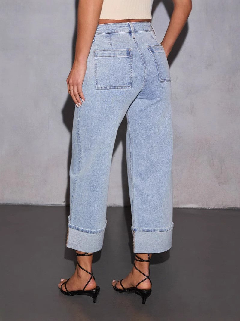 Damen Boyfriend Jeans mit lässigem Umschlagbund und hohen Taschen Stalluxe