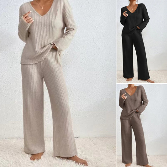 Damen Gemütlicher Strickanzug mit V-Ausschnitt und Rippstruktur Stalluxe