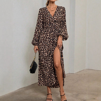 Damen elegantes Maxikleid mit V-Ausschnitt und voluminösen Puffärmeln Stalluxe