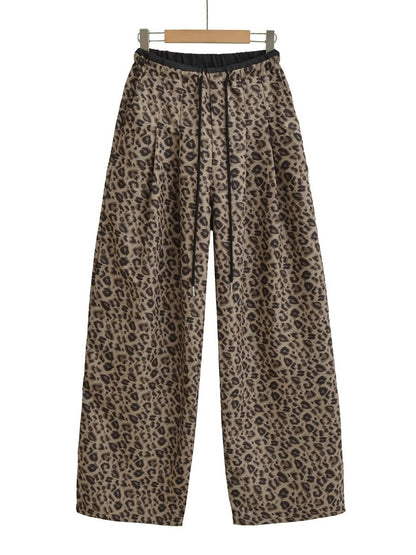 Damen Trendige weite Leoparden-Hose mit elastischem Bund und Bindegürtel Stalluxe
