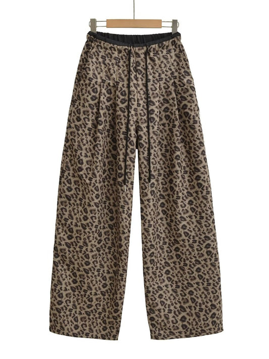 Damen Trendige weite Leoparden-Hose mit elastischem Bund und Bindegürtel Stalluxe