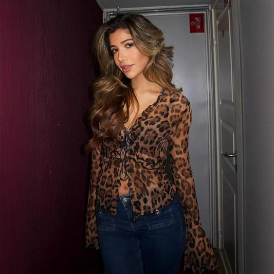 Damen langärmelige Bluse mit Leopardenprint und Bindeband Stalluxe
