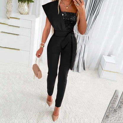 Damen One-Shoulder Jumpsuit mit glitzerndem Oberteil und Taillengürtel Stalluxe