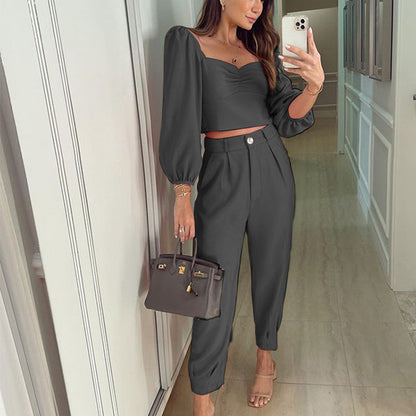 Damen Zweiteiliges Set mit Puffärmeln und eleganter Hochbundhose Stalluxe