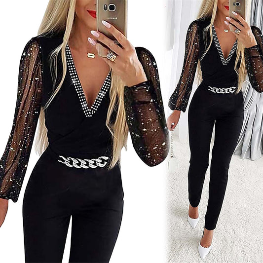 Damen Eleganter Jumpsuit mit transparenten Puffärmeln und Glitzerakzenten Stalluxe