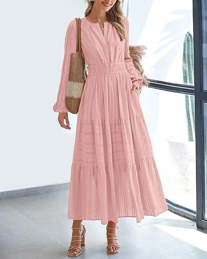 Damen Maxikleid mit eleganten Ärmeln und raffiniertem Taillengummi Stalluxe