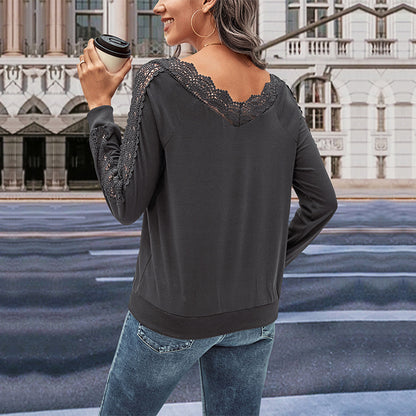 Damen Langarmshirt mit Spitzenverzierung und V-Ausschnitt Stalluxe