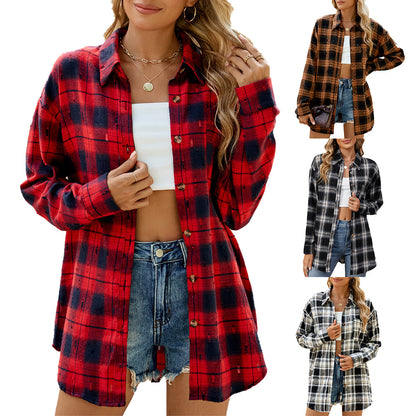 Damen Karierte Flanell-Hemdjacke mit lässigem Schnitt und Holzknopf-Details Stalluxe