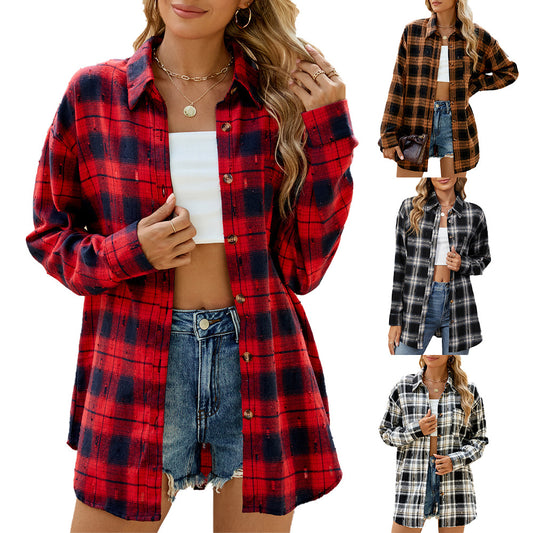 Damen Karierte Flanell-Hemdjacke mit lässigem Schnitt und Holzknopf-Details Stalluxe
