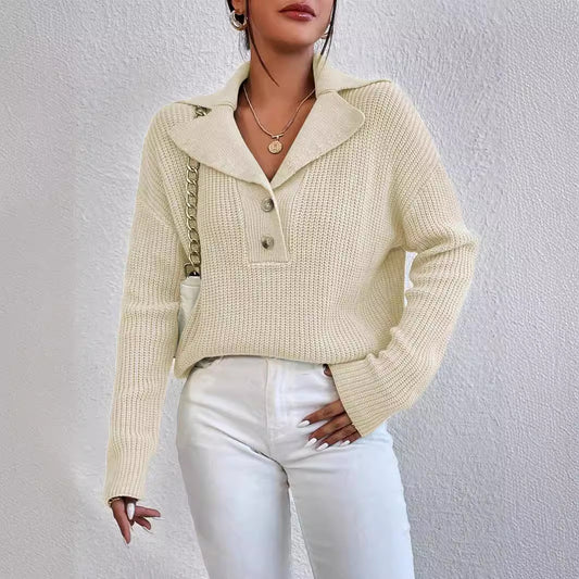 Damen eleganter und lässiger Strickpullover mit Kragen und Knopfleiste Stalluxe