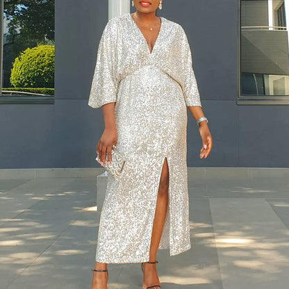 Damen Glitzerndes Abendkleid mit tiefem Schlitz und luxuriösen Puffärmeln Stalluxe