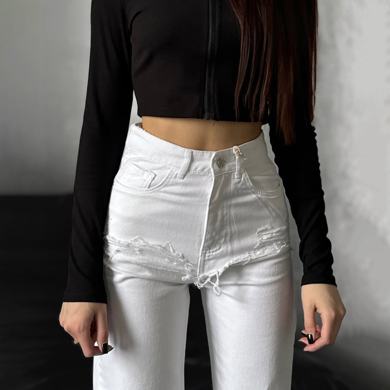 Damen Hohe Taillenjeans mit weitem Bein und Bindegürtel Stalluxe