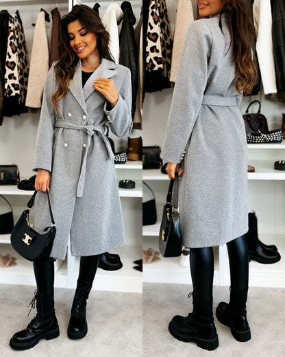 Damen eleganter Knielanger Trenchcoat mit Gürtel und doppelter Knopfleiste Stalluxe
