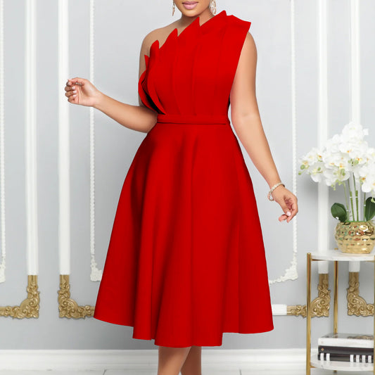 Damen Charmantes Ein-Schulter-Kleid mit Faltenwurf und tailliertem Gürtel Stalluxe
