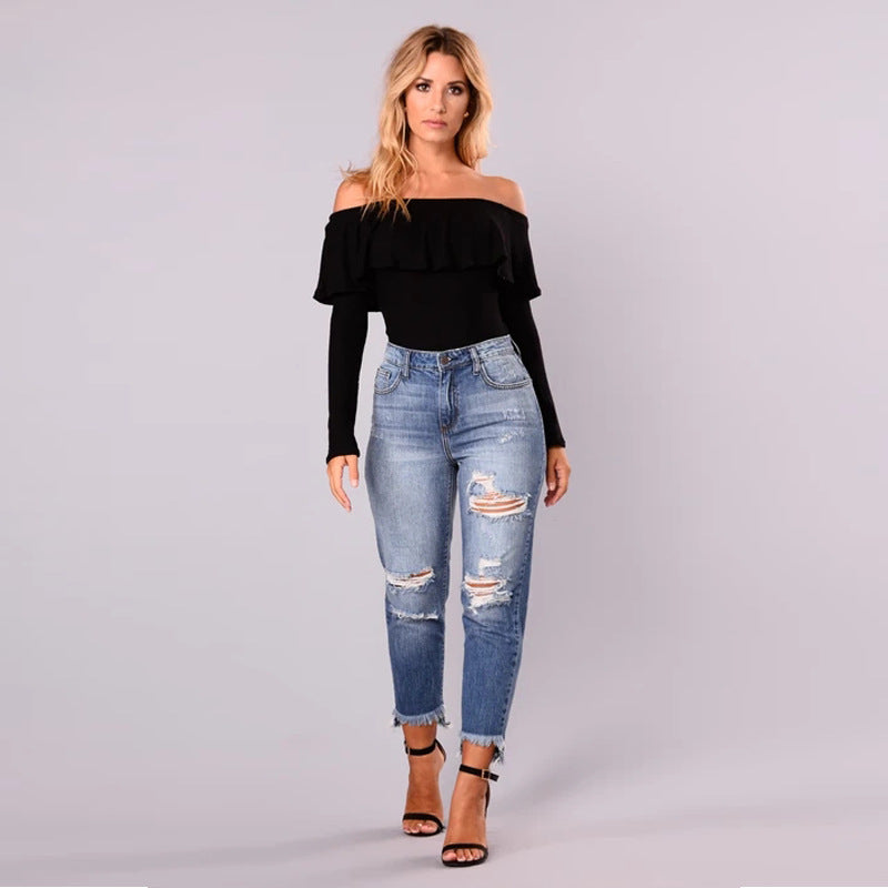 Damen High-Waist Jeans im modernen Destroyed-Look mit angesagtem fransigen Saum Stalluxe