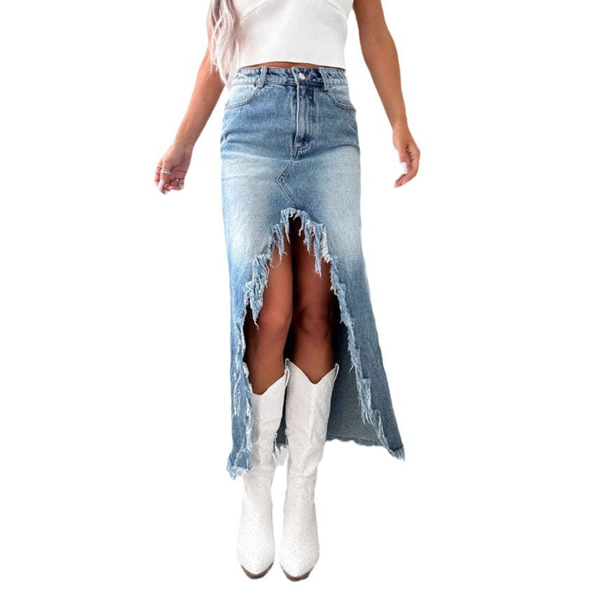 Damen Jeansrock mit asymmetrischem Schlitz und Fransensaum Stalluxe
