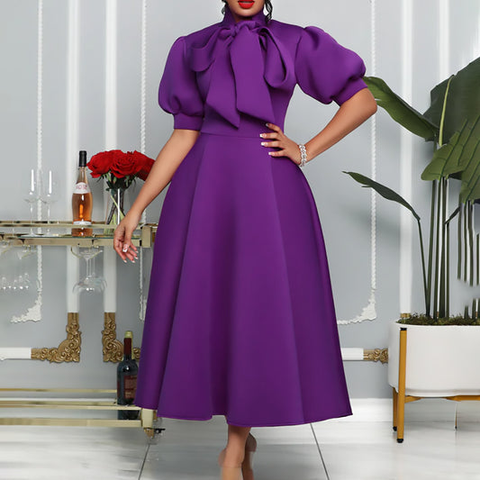 Damen elegante Maxikleid mit voluminösen Puffärmeln und Schleifenkragen Stalluxe