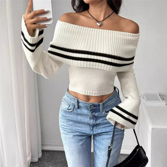 Damen Off-Shoulder Crop-Pullover mit lässigen Streifen Stalluxe
