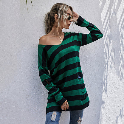 Damen gestreifter Oversized Pullover mit tiefem V-Ausschnitt und trendigen Cut-Outs Stalluxe