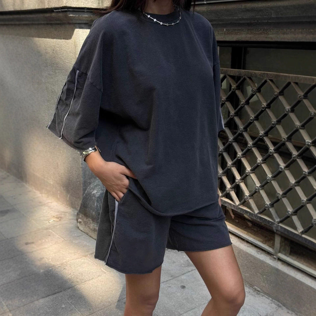 Damen lässiges Freizeit-Set mit oversized Oberteil und Shorts Stalluxe