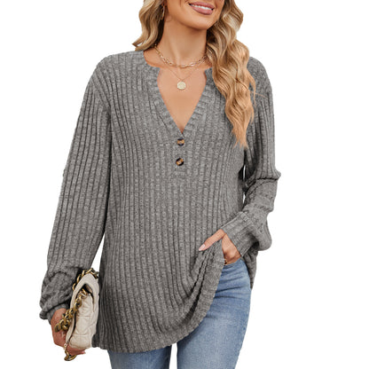 Damen Langarmshirt mit strukturiertem V-Ausschnitt und Knopfdetails Stalluxe