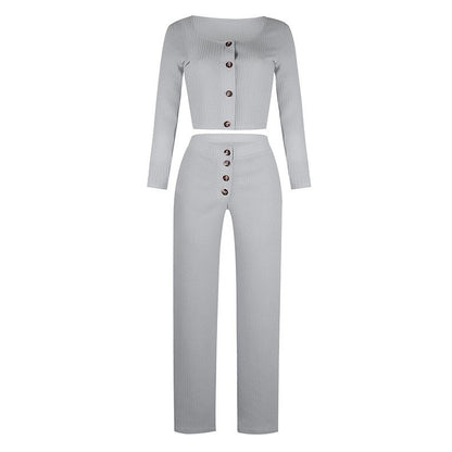 Damen modisches Strick-Set mit Knopfdetail und langem Ärmel Stalluxe