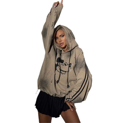 Damen Oversized Kapuzenpullover mit modischen Rissdetails und grafischem Print Stalluxe