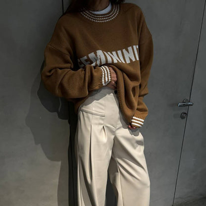 Damen Oversized Strickpullover mit grafischem Schriftzug Stalluxe