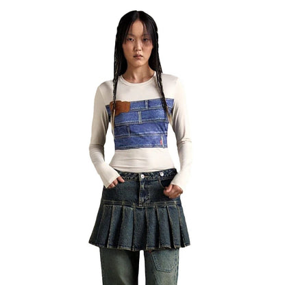 Damen Langarmshirt mit kreativem Denim-Druck und figurbetontem Schnitt Stalluxe