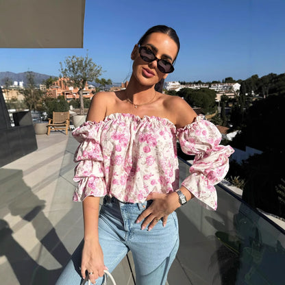 Damen Off-Shoulder Bluse mit voluminösen Ärmeln und floralem Design Stalluxe