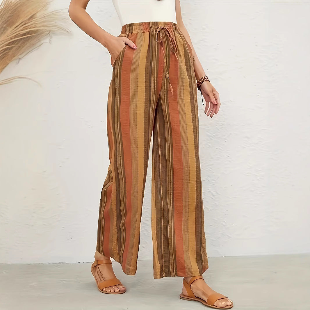 Damen Weit geschnittene Streifenhose mit elastischem Bund und praktischem Bindegürtel Stalluxe