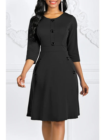 Women's Classic Three-Quarter Sleeve Button-Detail Dress Stalluxe