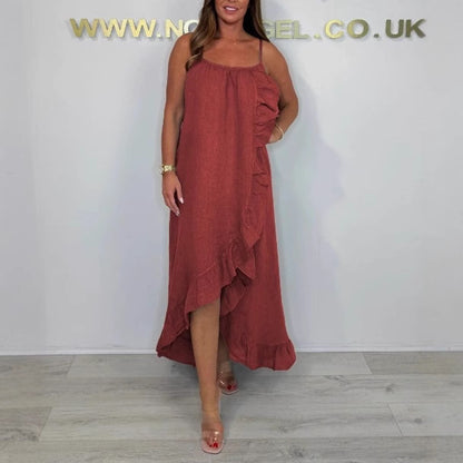 Damen luftiges Maxikleid mit asymmetrischem Saum und feinen Rüschendetails Stalluxe