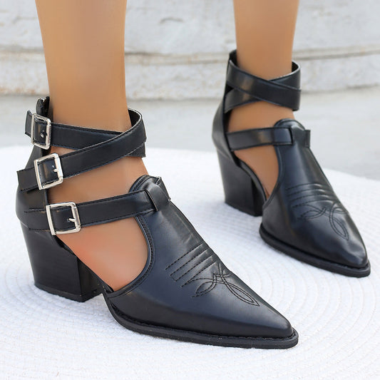 Damen High Heel Stiefeletten mit einzigartigen Riemen und verziertem Absatz Stalluxe