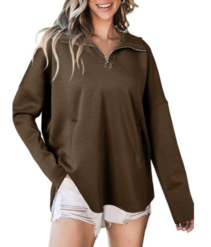 Damen lässiger Oversized Pullover mit halben Reißverschluss und Seitentaschen Stalluxe