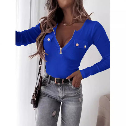 Damen Langarmshirt mit tiefem V-Ausschnitt und Reißverschluss Stalluxe